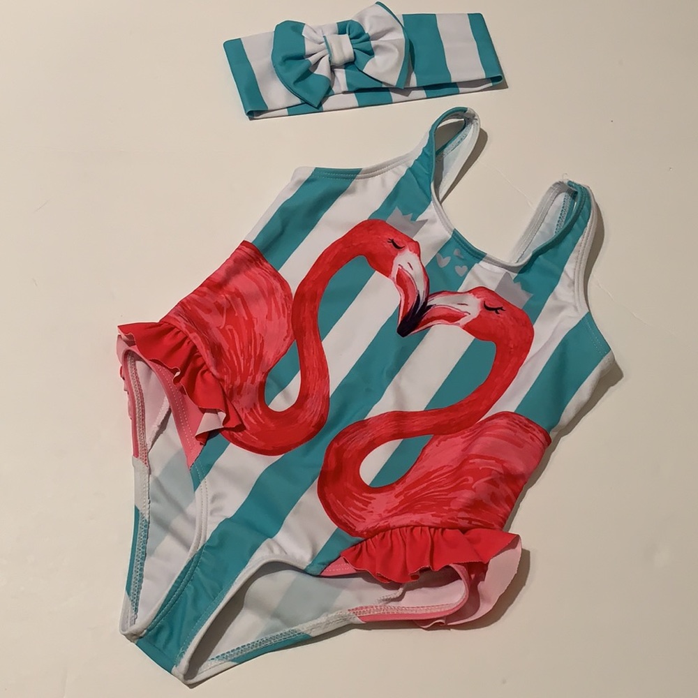 Girls Flamingo One Piece Swimsuit & Headband • NEW